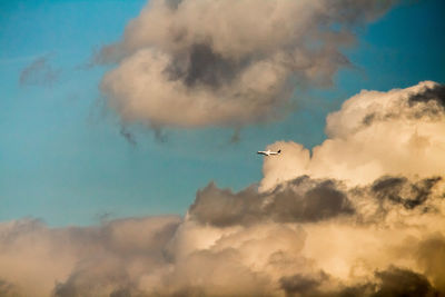 Low angle view of airplane flying against sky