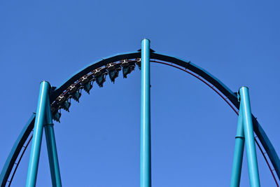 Low angle view of rollercoaster against clear blue sky