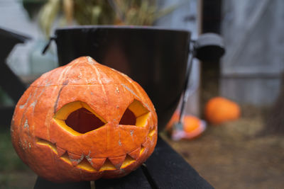 Close-up of pumpkin on table during halloween