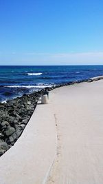 Scenic view of sea against clear blue sky