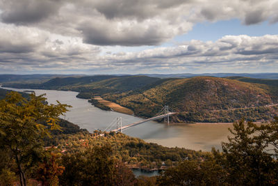 Scenic view of river by mountains against sky