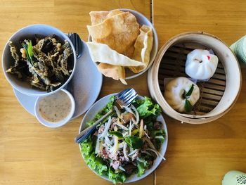 High angle view of food served on table