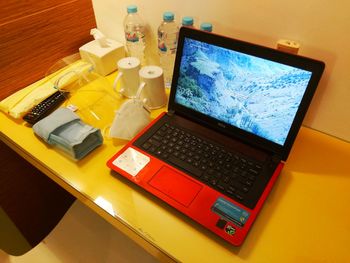 High angle view of laptop on table