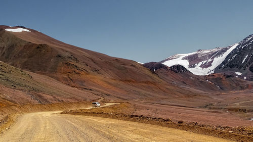 Scenic view of snowcapped mountains against clear sky