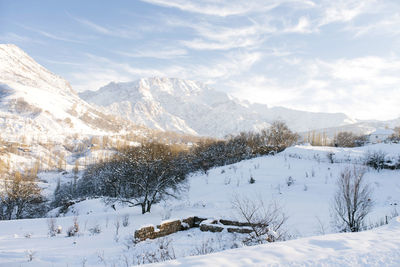 Winter beautiful mountain landscape of the tianshan mountain system in uzbekistan on a clear 