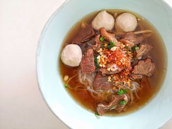 High angle view of soup in bowl on table