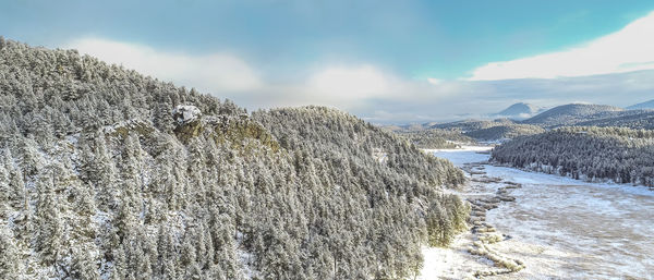 Scenic view of snow covered land against sky