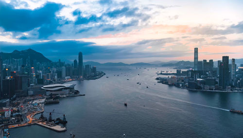 Panoramic view of city buildings against sky,around the sea,hong kong