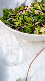 High angle view of vegetables in bowl on table