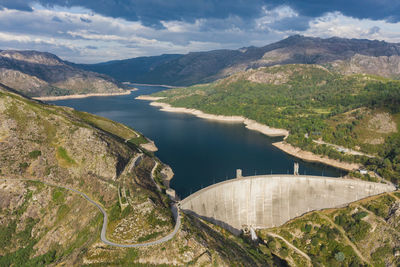 Scenic view of dam and mountains against sky