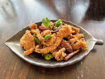 High angle view of food in plate on table