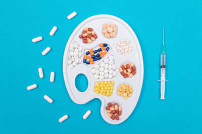 High angle view of food on blue background