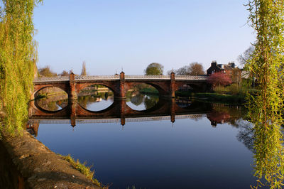 Arch bridge over river against clear sky