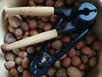 High angle view of nuts in container on table