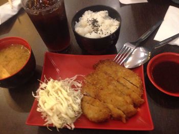 High angle view of served food on table