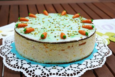 High angle view of cake in plate on table