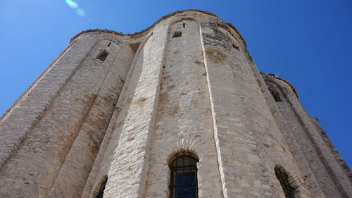 Low angle view of old building against blue sky