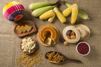 High angle view of breakfast on table