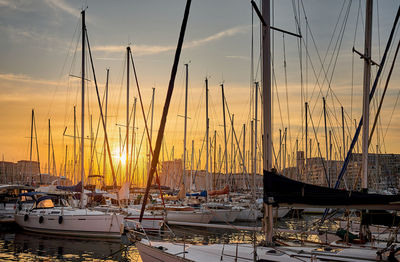 Sailboats moored in harbor at sunset