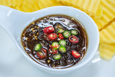 High angle view of fruits in bowl