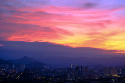 Scenic view of city against sky during sunset