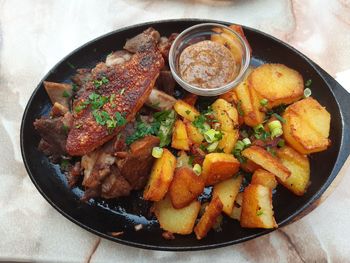 High angle view of food in plate on table