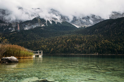 Scenic view of lake and mountains against sky