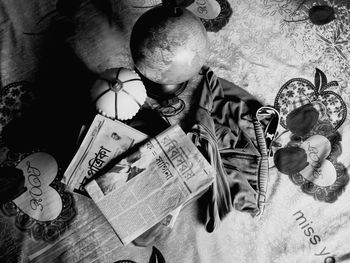 High angle view of man and book on table