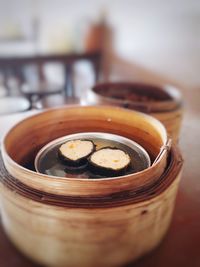 Close-up of ice cream in bowl on table