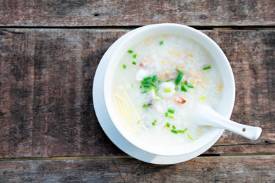 High angle view of soup in bowl on table