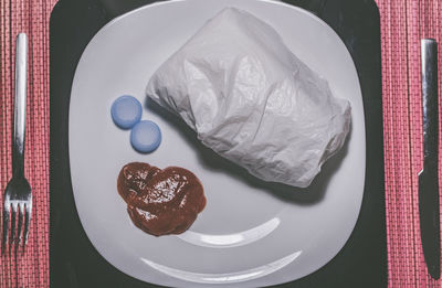 High angle view of breakfast in plate on table