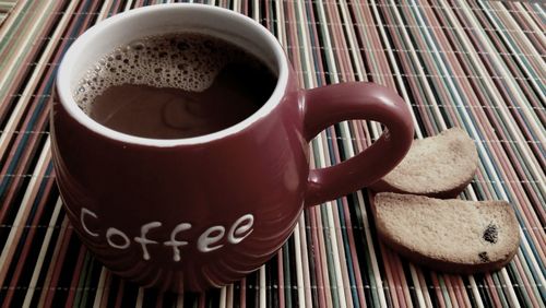 Close-up of coffee cup on table