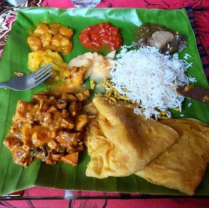 High angle view of food served in plate