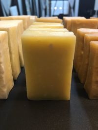 Close-up of yellow juice on table