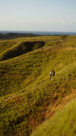 Scenic view of landscape with people walking on grass against sky