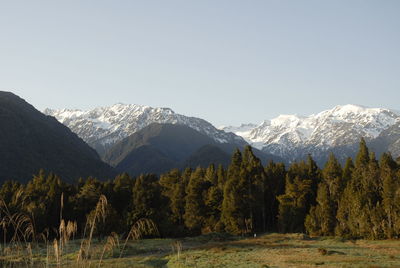 Scenic view of snowcapped mountains against clear sky