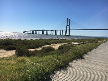 Bridge over river against clear blue sky