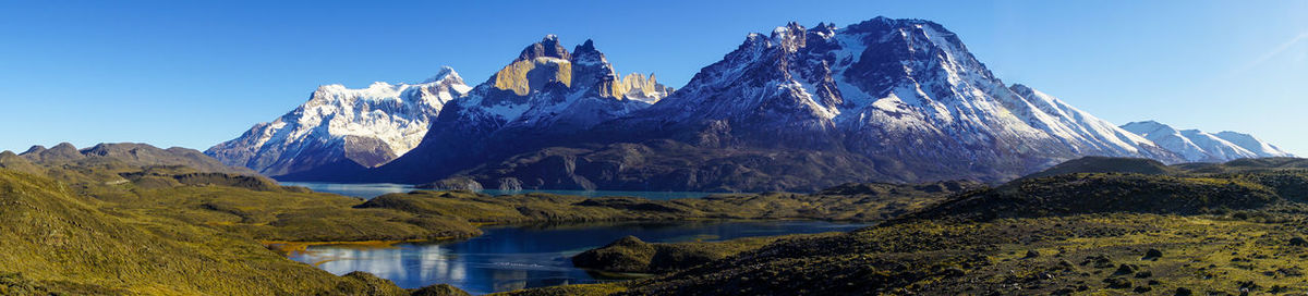 Panoramic view of snowcapped mountains against clear sky