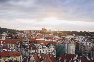 View from above the red roofs of european houses