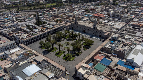 High angle view of buildings in city