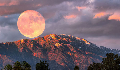 Scenic view of mountains against sky at sunset