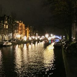 Reflection of illuminated buildings in water at night