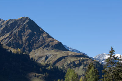 Scenic view of mountains against clear blue sky