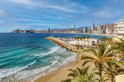 Panoramic view of  playa de poniente in benidorm, famous city in the mediterranean coast of spain