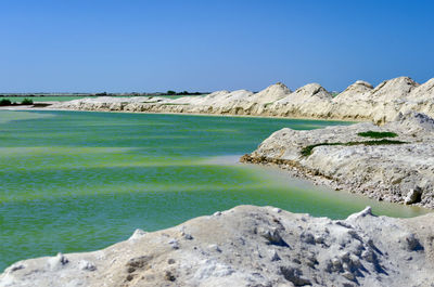 Scenic view of sea against clear blue sky