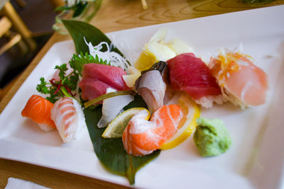 High angle view of sushi served on table