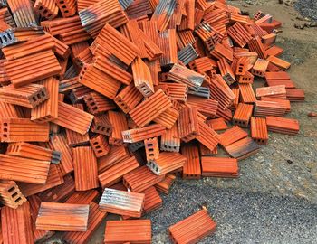 High angle view of chopped stack on wooden table