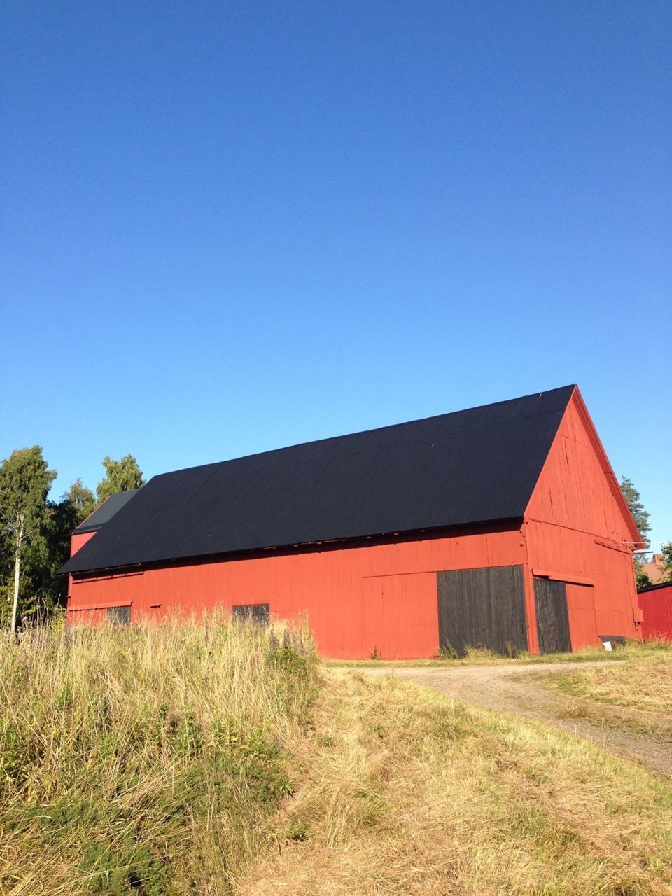 architecture, building exterior, built structure, clear sky, grass, house, blue, copy space, field, residential structure, grassy, tree, outdoors, day, barn, abandoned, no people, exterior, landscape, old