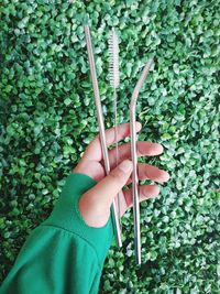 High angle view of woman holding stainless steel equipments against plants