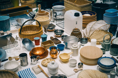 High angle view of objects on table